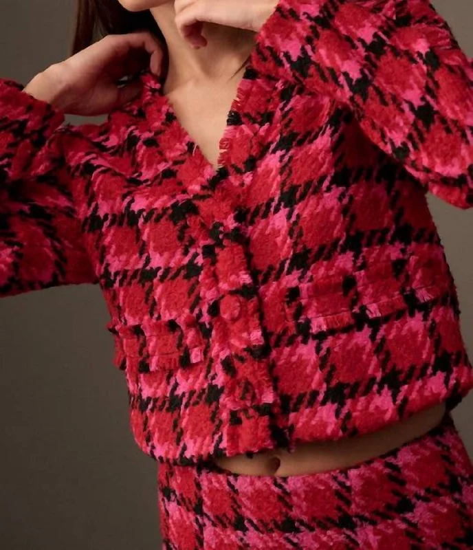 Women's longline double - breasted camel coats for a sophisticated lookMaterial Girl Houndstooth Tweed Jacket In Ruby Red Women's longline double - breasted camel coats for a sophisticated lookMaterial Girl Houndstooth Tweed Jacket In Ruby Red