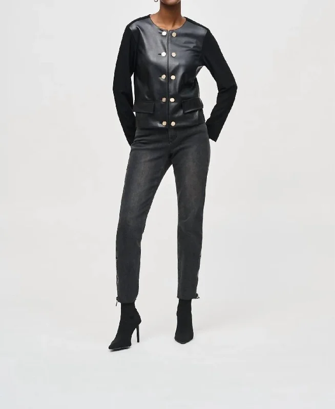 Women's pea coats with brass buttons for a nautical - inspired styleSilky Knit & Faux Leather Jacket In Black Women's pea coats with brass buttons for a nautical - inspired styleSilky Knit & Faux Leather Jacket In Black