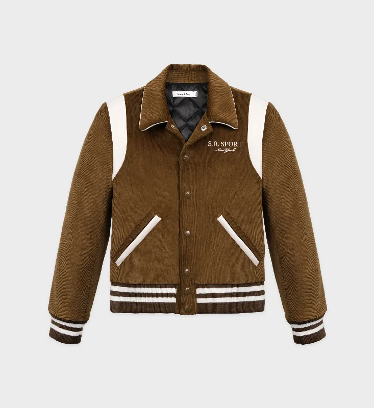 Water - resistant women's trench coats with adjustable cuffs for rainy daysSR Sport Corduroy Varsity Jacket - Brown/White Water - resistant women's trench coats with adjustable cuffs for rainy daysSR Sport Corduroy Varsity Jacket - Brown/White