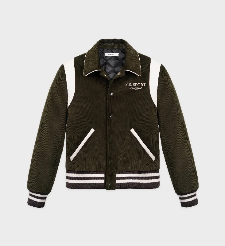 Oversized women's wool coats in a monochromatic look for a trendy outfitSR Sport Corduroy Varsity Jacket - Dark Green/White Oversized women's wool coats in a monochromatic look for a trendy outfitSR Sport Corduroy Varsity Jacket - Dark Green/White