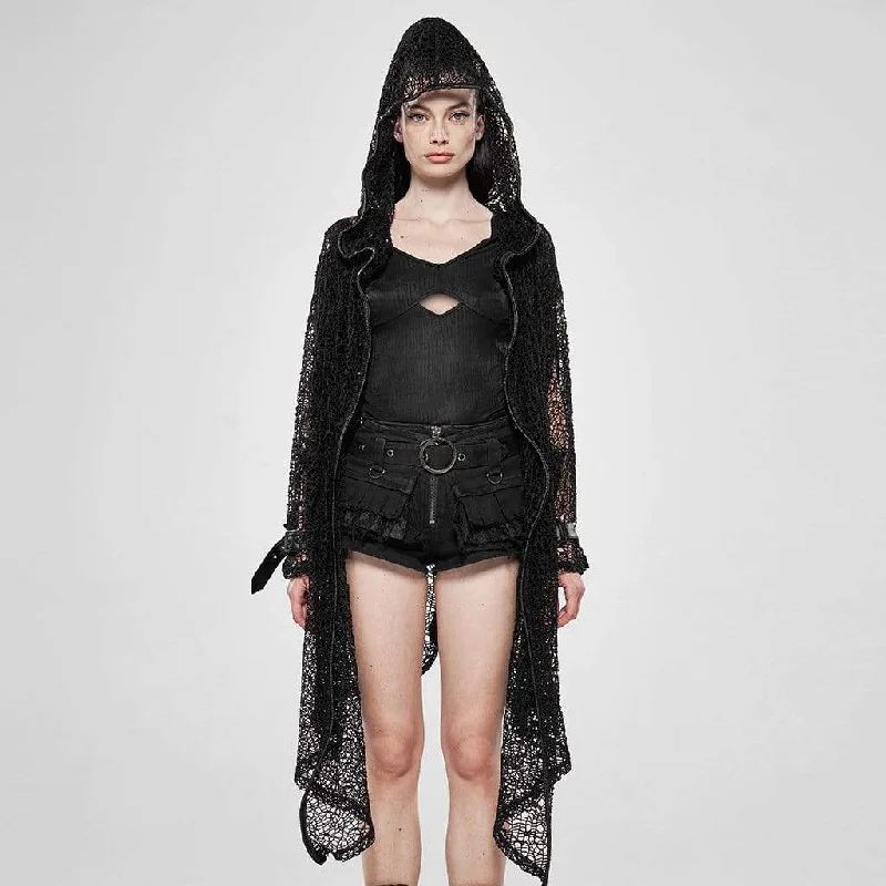 Long women's mac coats in a lightweight fabric for spring showersWomen's Goth Net Irregular Hooded Coats Long women's mac coats in a lightweight fabric for spring showersWomen's Goth Net Irregular Hooded Coats