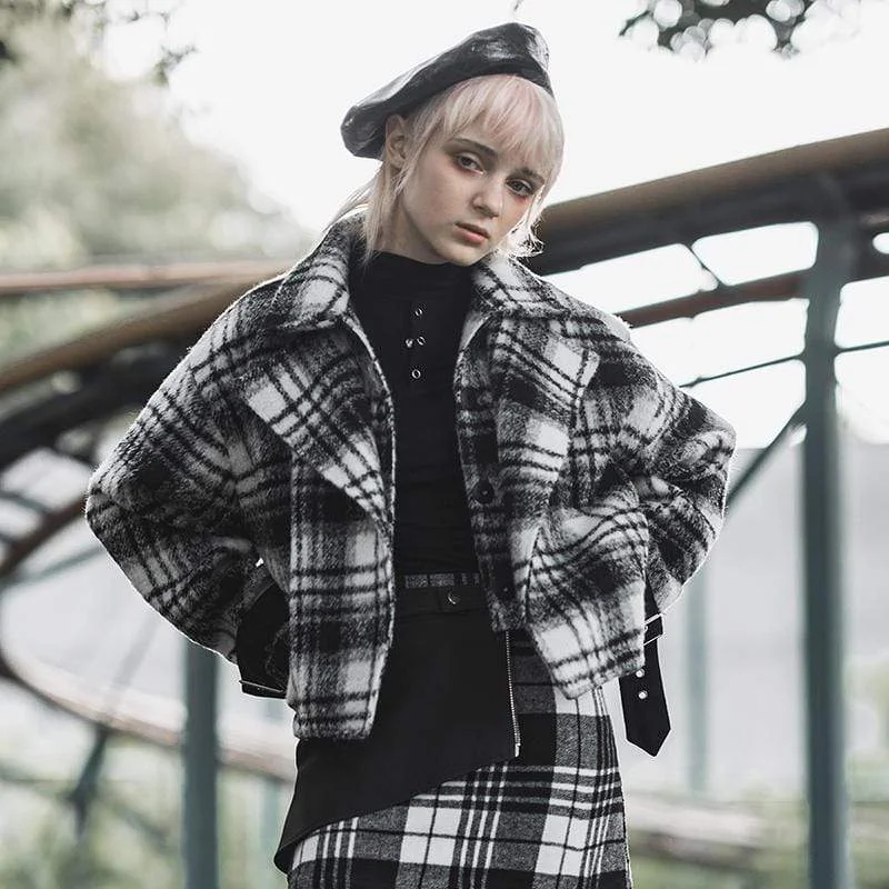 Women's longline double - breasted camel coats for a sophisticated lookWomen's Turn-down Collar Black&Wite Plaid Wollen Jacktes Women's longline double - breasted camel coats for a sophisticated lookWomen's Turn-down Collar Black&Wite Plaid Wollen Jacktes