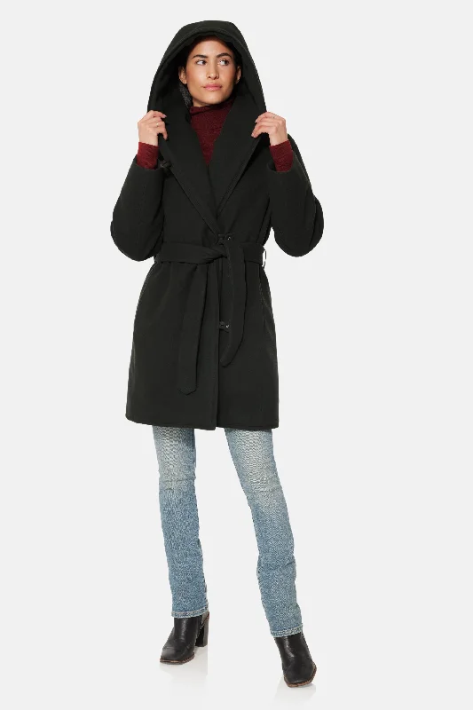Long women's mac coats in a lightweight fabric for spring showersHooded Wrap Coat, Black Long women's mac coats in a lightweight fabric for spring showersHooded Wrap Coat, Black