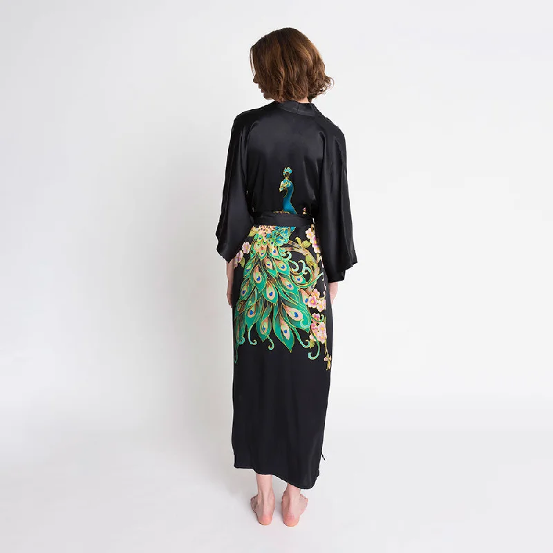 Silk Handpainted Peacock Long Kimono Robe