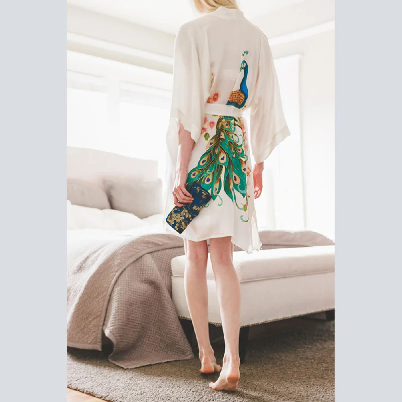 Silk Handpainted Peacock Short Kimono Robe