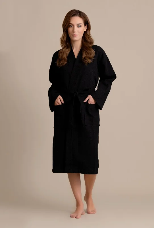 Luxurious 100% Cotton Women's Waffle Robe. Long, Lightweight Black