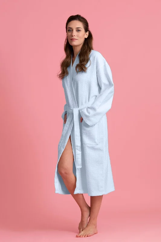 Luxurious 100% Cotton Women's Waffle Robe. Long, Lightweight Light Blue