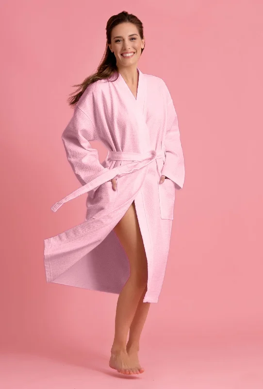 Luxurious 100% Cotton Women's Waffle Robe. Long, Lightweight Pink