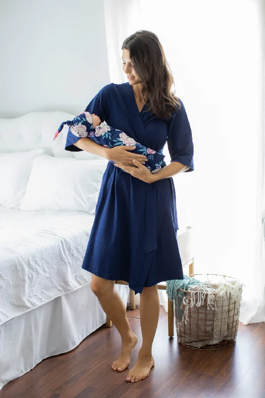 Navy Robe & Annabelle Newborn Swaddle Blanket Set