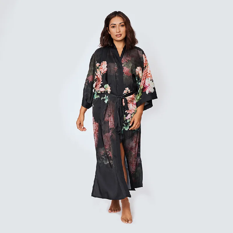 Coral Chrysanthemum Long Kimono Robe (Plus Size)