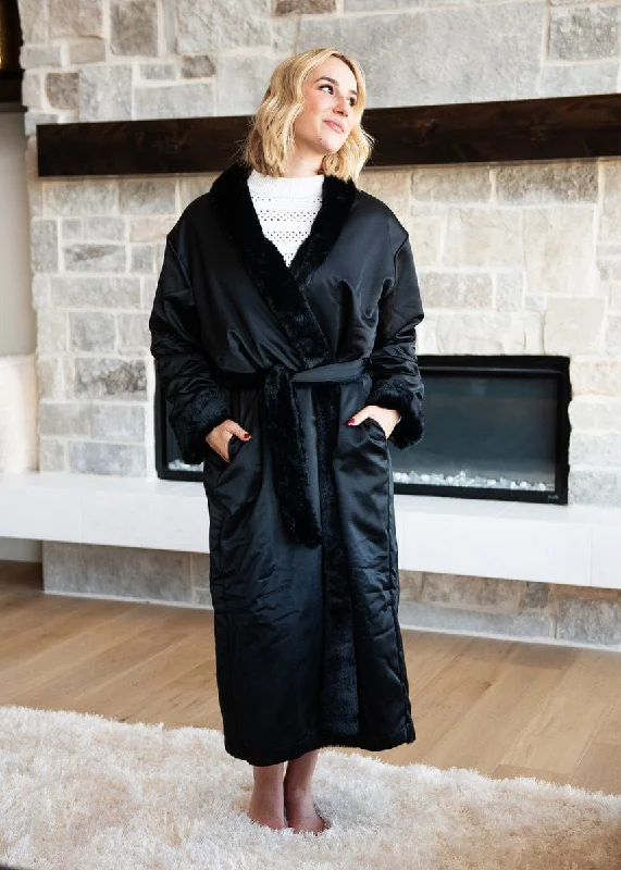 women robes with hoods for added cozinessSatin Black Robe