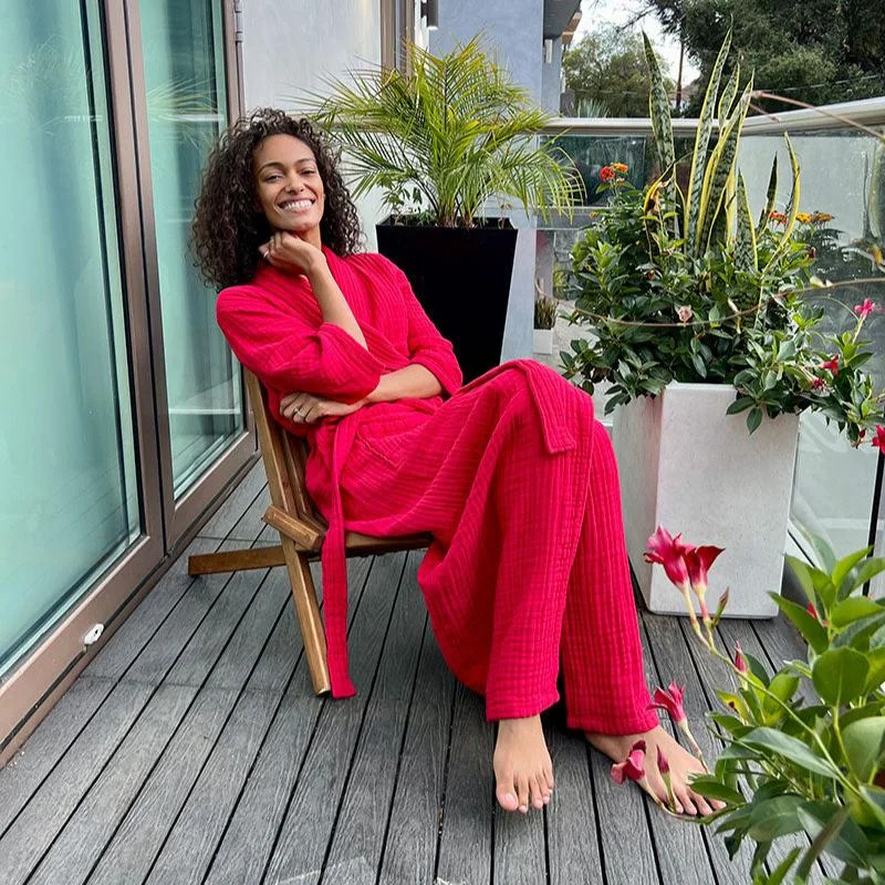 women robes with a color - blocking effectFull-Length Muslin Cotton Robe