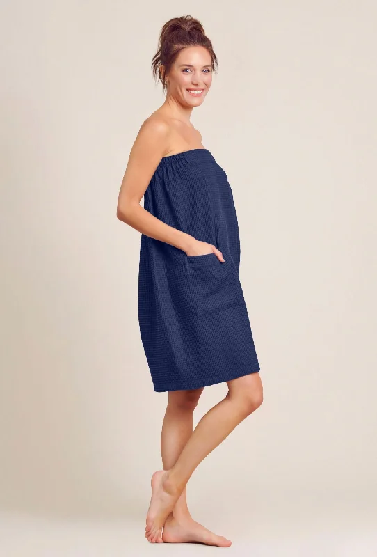 Women's Waffle Weave Spa/Bath Navy Wrap with Adjustable Closure