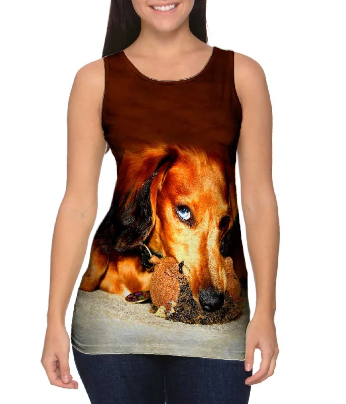 Plus Size Women's Criss - Cross Back Tank Tops in Neon ColorsDachshund With Chew Toy Plus Size Women's Criss - Cross Back Tank Tops in Neon ColorsDachshund With Chew Toy