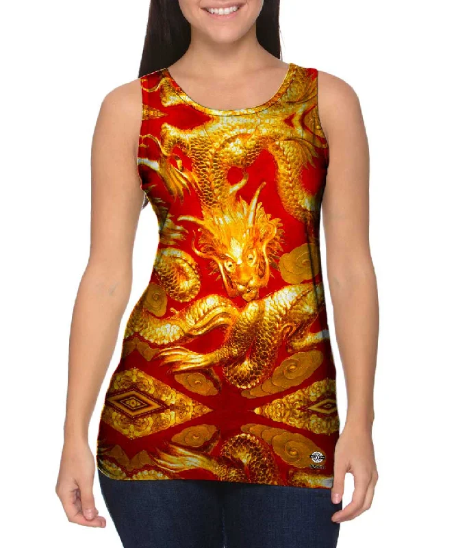 Plus Size Women's Puff - Sleeve Tank Tops in Pastel HuesDancing Gold Dragon